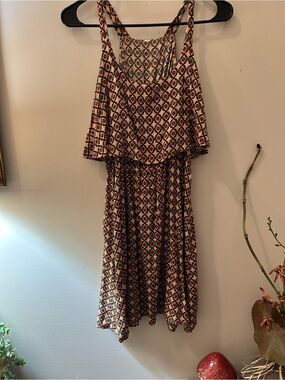 Sleeveless Geometric Print Summer Dress in Navy and Coral